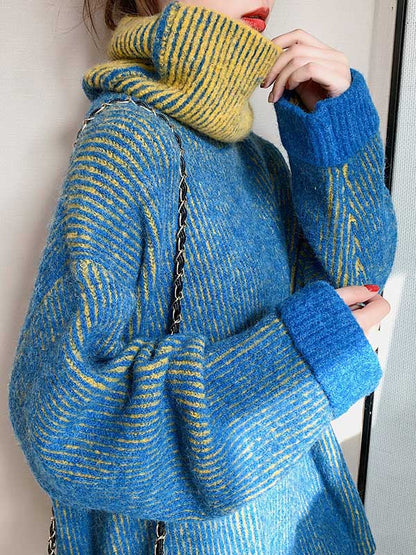 Design Loose Blue Contrast Color High-neck Long Sleeve Sweater An1054