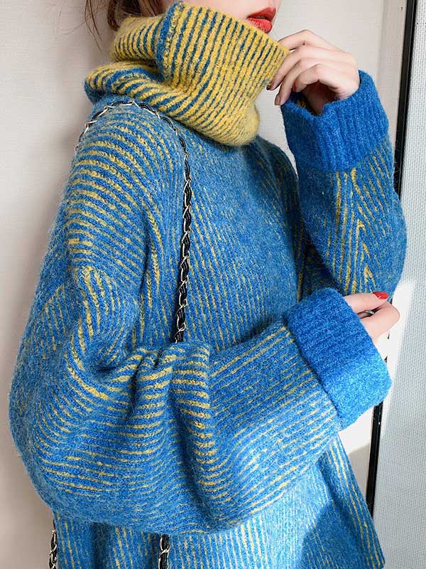 Design Loose Blue Contrast Color High-neck Long Sleeve Sweater An1054