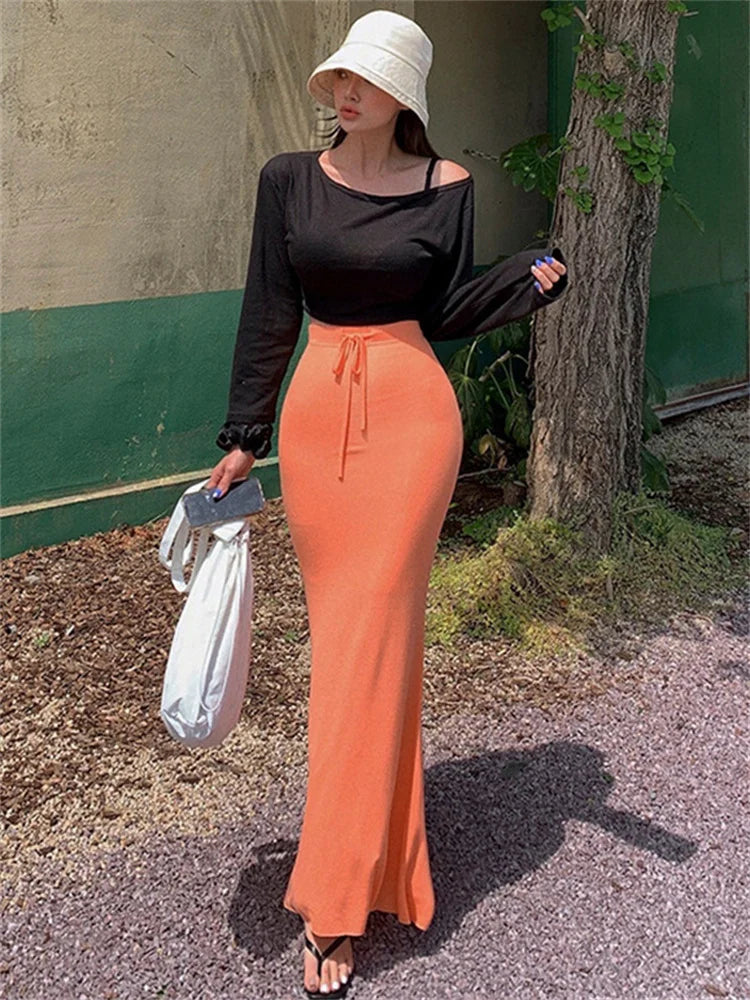 Lace-up Slim High Waist Long Skirt Bandage Autumn Drawstring Female Maxi Skirt
