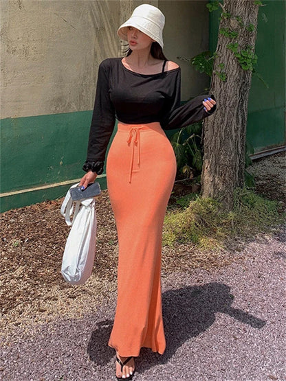 Lace-up Slim High Waist Long Skirt Bandage Autumn Drawstring Female Maxi Skirt