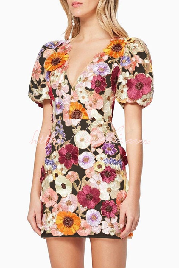 Garden Gala Embroidered Applique Puff Sleeve Mini Dress