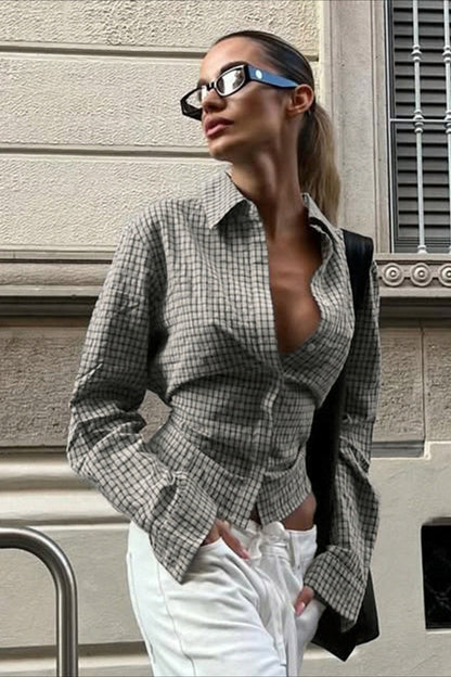 Plaid Tie-waist Long-sleeve Blouse