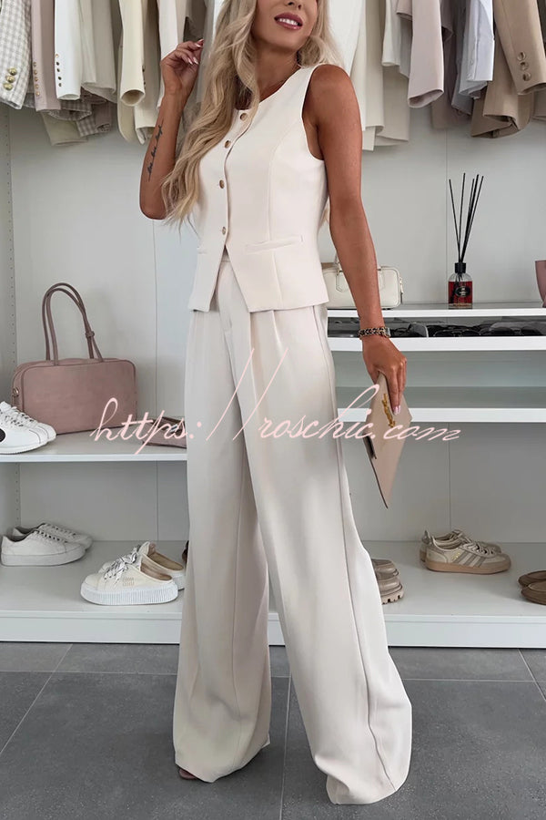 Workplace Sleeveless Button Vest and Relaxed Pocket Wide Leg Pants Set