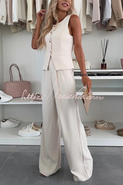 Workplace Sleeveless Button Vest and Relaxed Pocket Wide Leg Pants Set