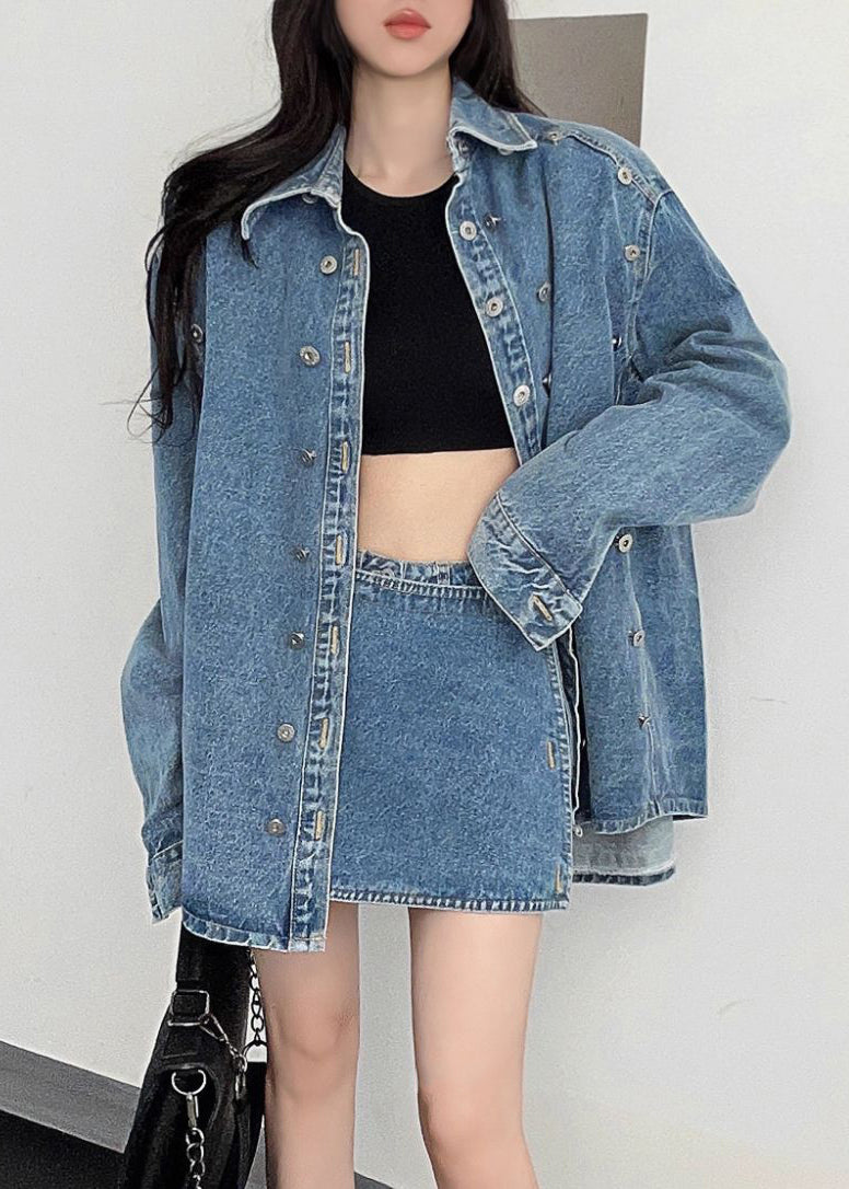 French Blue Peter Pan Collar Button Denim Two-piece Set Fall Ee005