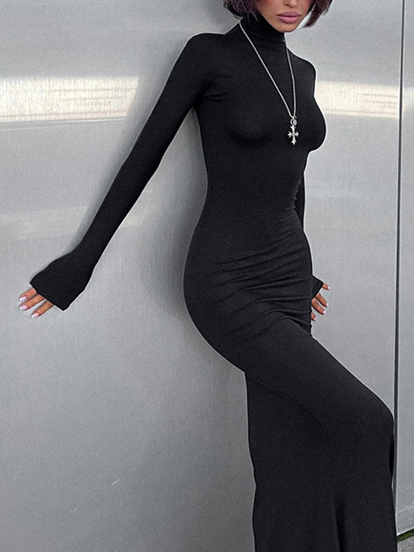 Bodycon Long Sleeves Color Split-joint High Neck Maxi Dresses