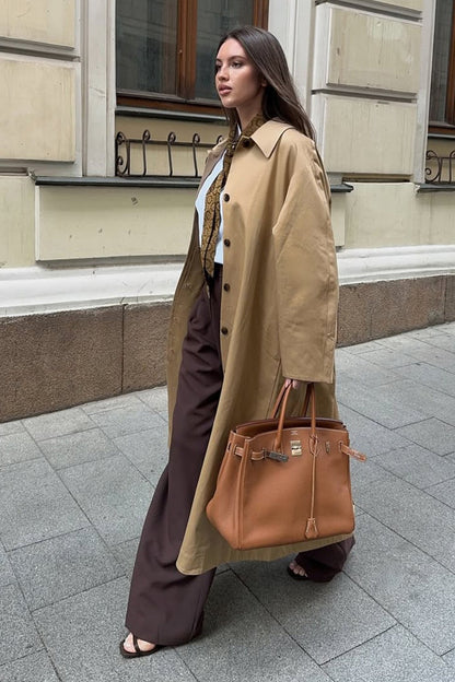 Minimalist Extra-long Cotton Single-breasted Lapel Overcoat