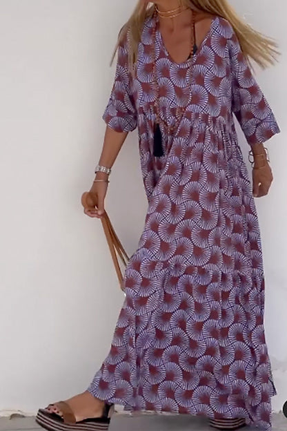 Ibiza Print Loose V Neck Long Sleeve Long Dress
