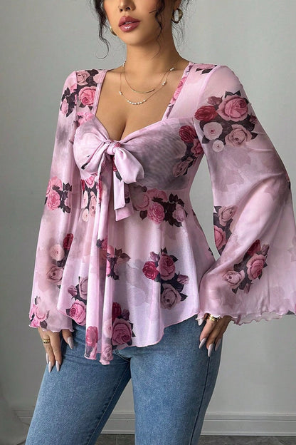 Tie Dye Square Neck Tie Long Sleeve Blouse