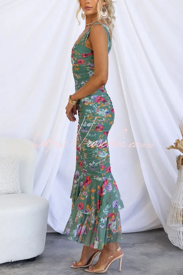 Styled to Perfection Ruched Mesh Overlay Ruffle Hem Maxi Dress