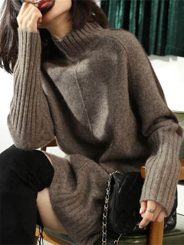 Urban Camel Half Turtleneck Contrast Color Long Sleeve Knit Sweater Dress An1068