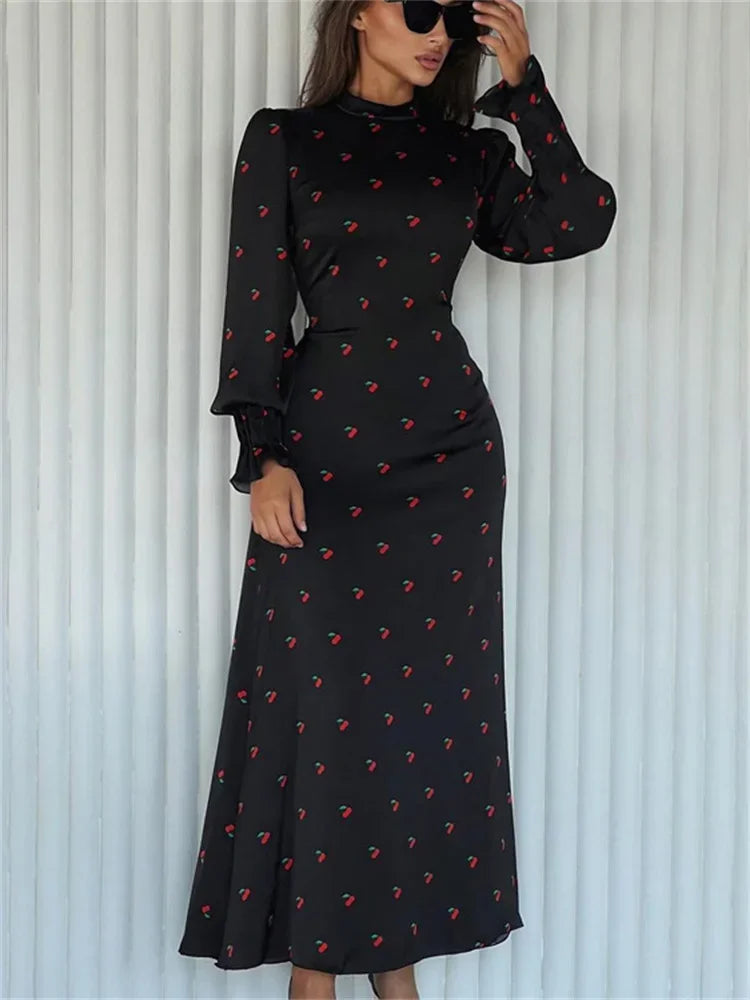 Printed Bandage Long Dress Satin High Street Party Dress Long Sleeve Patchwork Maxi Dress