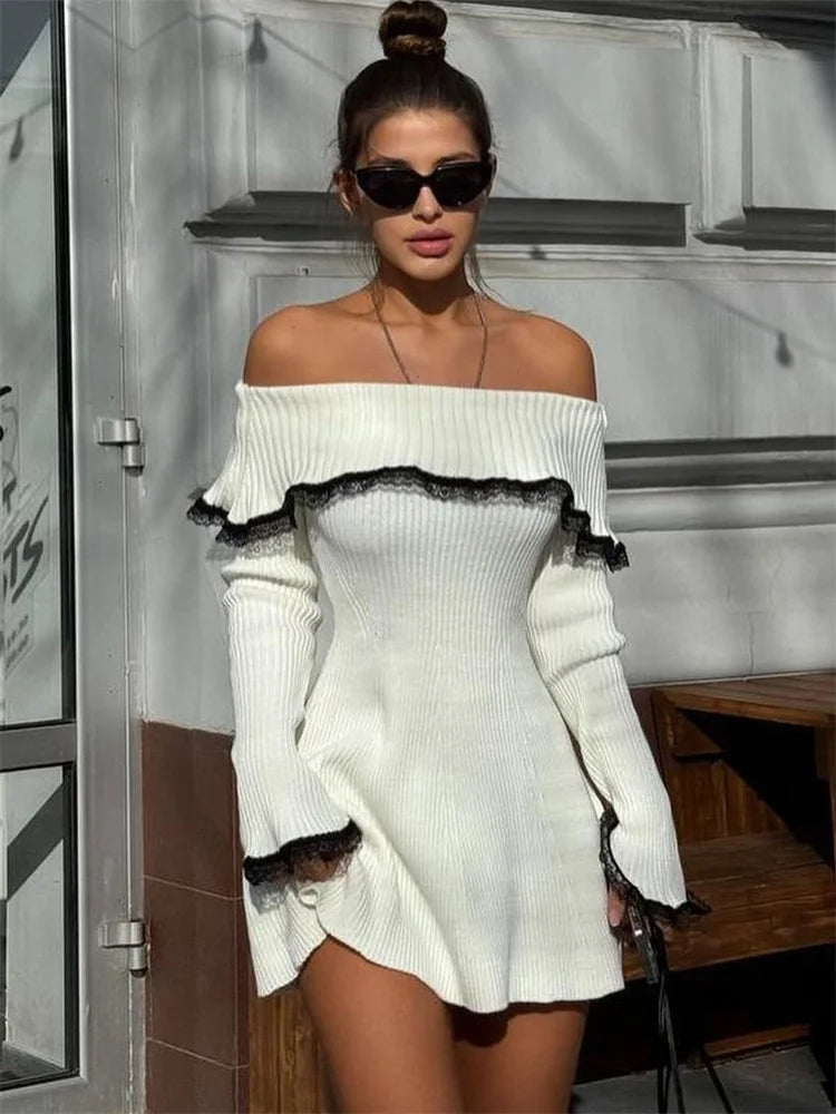 Knit Off-shoulder Sweater Mini Dress Lace Patchwork Ribbed Slim Backless Party Dress Knitwear Mini Dress