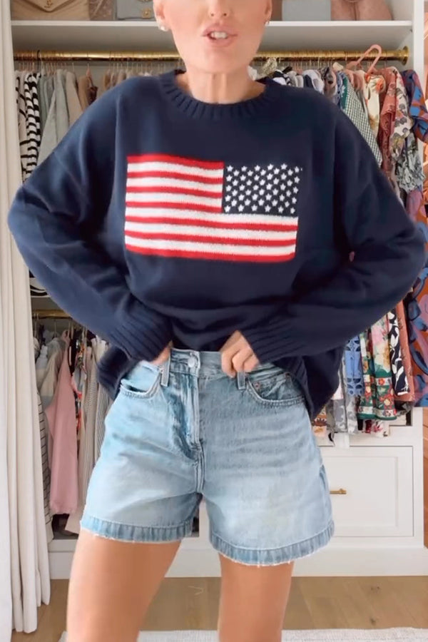 Flag Pattern Knitted Crewneck Long Sleeve Sweater