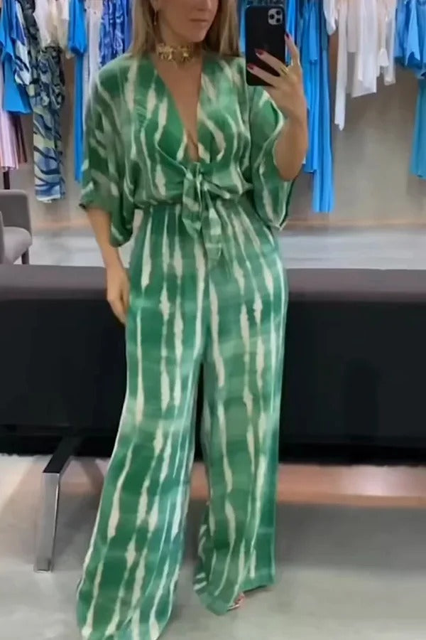 Striped Print V-neck Lace-up Wide-leg Jumpsuit