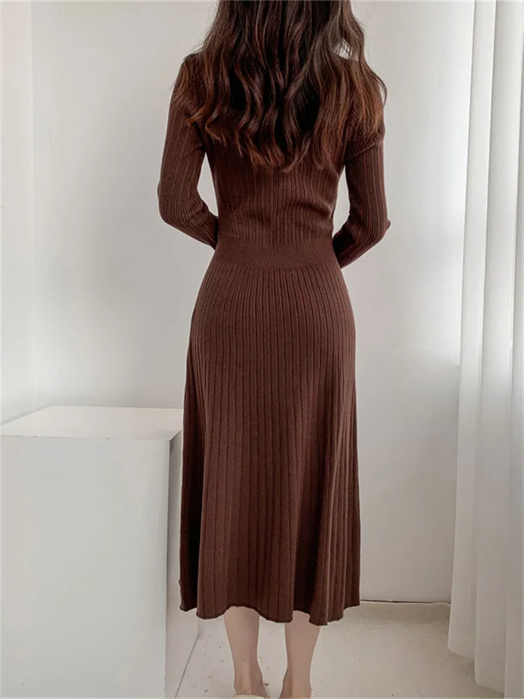 Female Long Dress Pocket Knitwear Ribbed Patchwork High Waist Commute Slim Party Dress Autumn Knit Dress