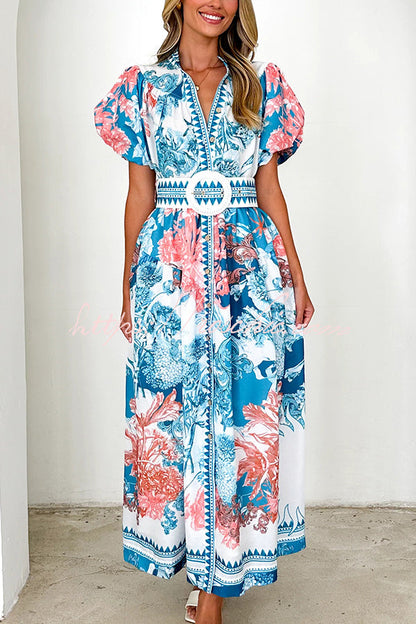 Unique Print Puff Sleeve Button Belt Maxi Dress