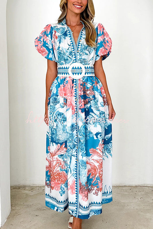 Unique Print Puff Sleeve Button Belt Maxi Dress