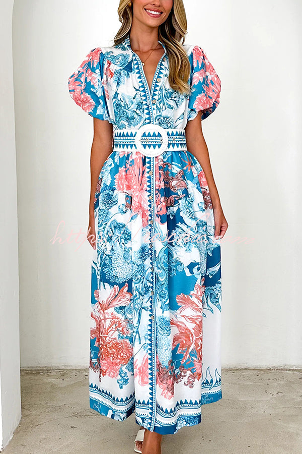 Unique Print Puff Sleeve Button Belt Maxi Dress