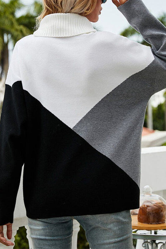 Drop Shoulder Turtleneck Colorblock Knit Sweater Pullover