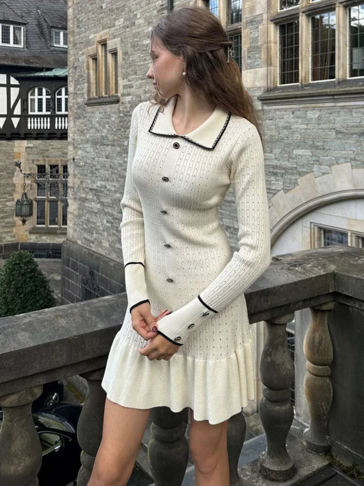Knitted Sweater Button Elastic Slim Dress Lotus Leaf Edge Bodycon Long Sleeve Fall New Female Vestido