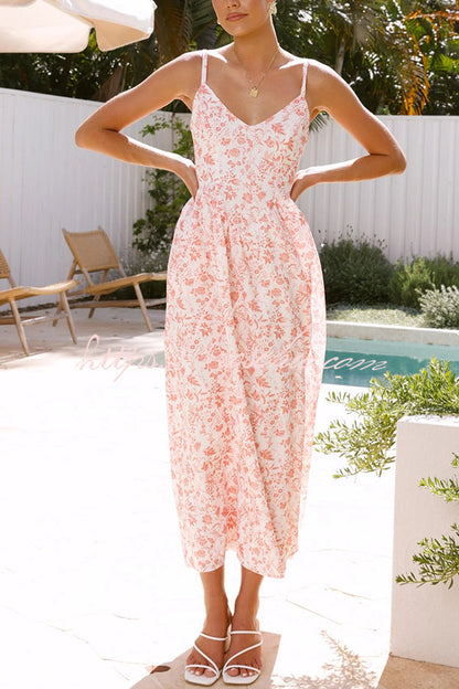 Print V-neck Sleeveless Back Tie Pocket Maxi Dress