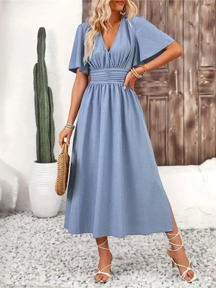 Summer Color Long Dresses Ruffled Short Sleeves V-neck Folds Elastic Waist Slit Dress Lady Vestidos
