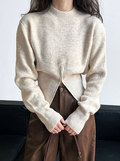 Grey Mock Neck Zip-up Hem Long Sleeve Sweater An1072