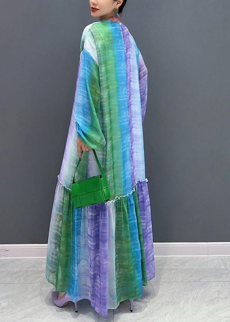 Loose Blue Purple Gradient Color Ruffled Patchwork Long Dresses Fall Ao1026