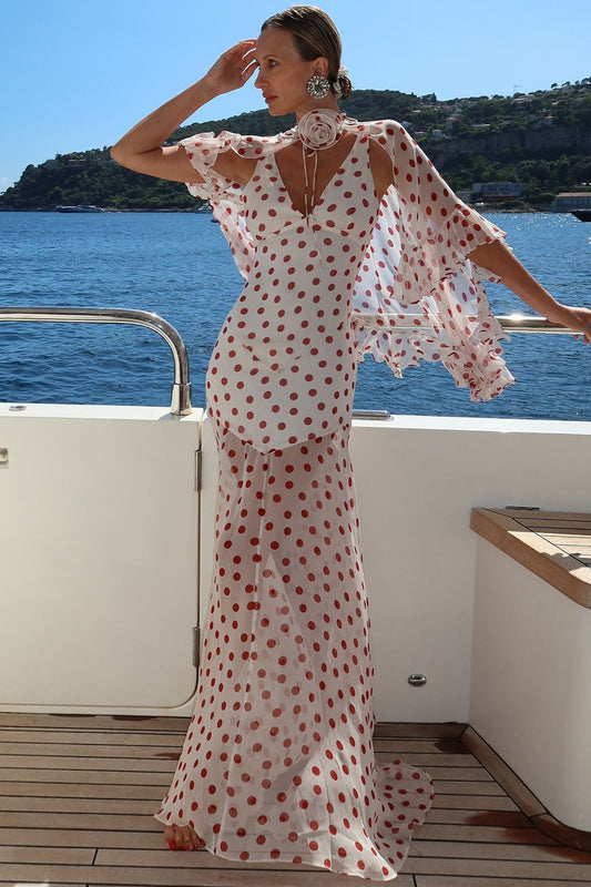 Polka Dot V-neck Sheer Maxi Dress