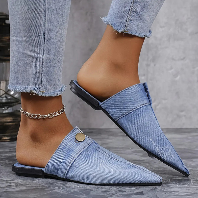 Flat Pointed Toe Denim Slippers