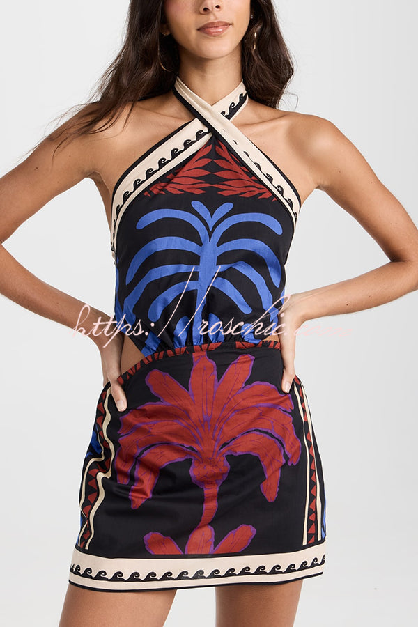 Unique Printed Halterneck Resort Beach Mini Dress