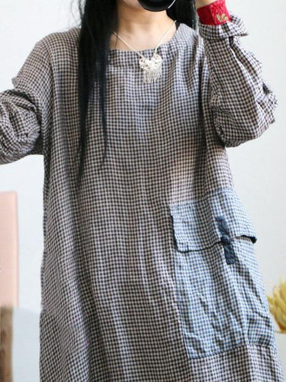 Loose Linen Plaid Round-neck Long Dress
