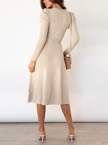 High Waisted Long Sleeves Color Tied Waist Round-neck Midi Dresses Sweater Dresses