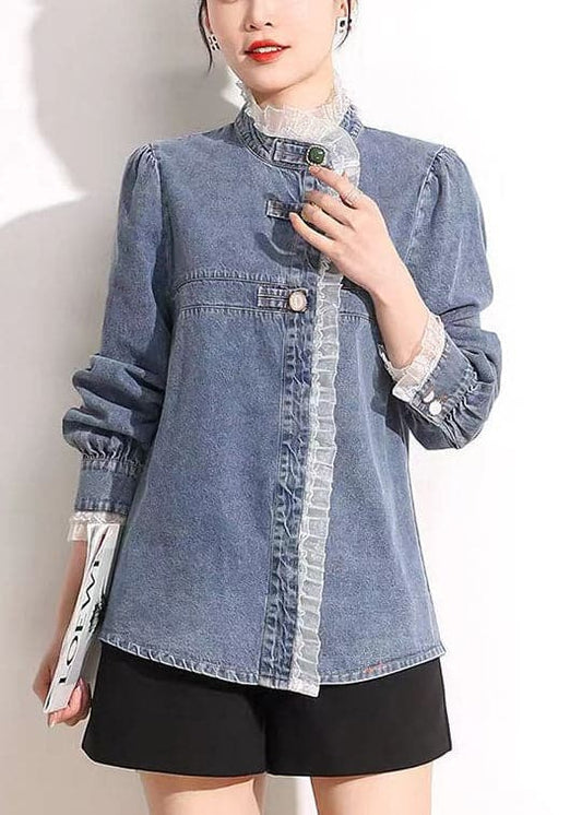 French Blue Stand Collar Asymmetrical Patchwork Lace Cotton Denim Coats Long Sleeve Aj1005