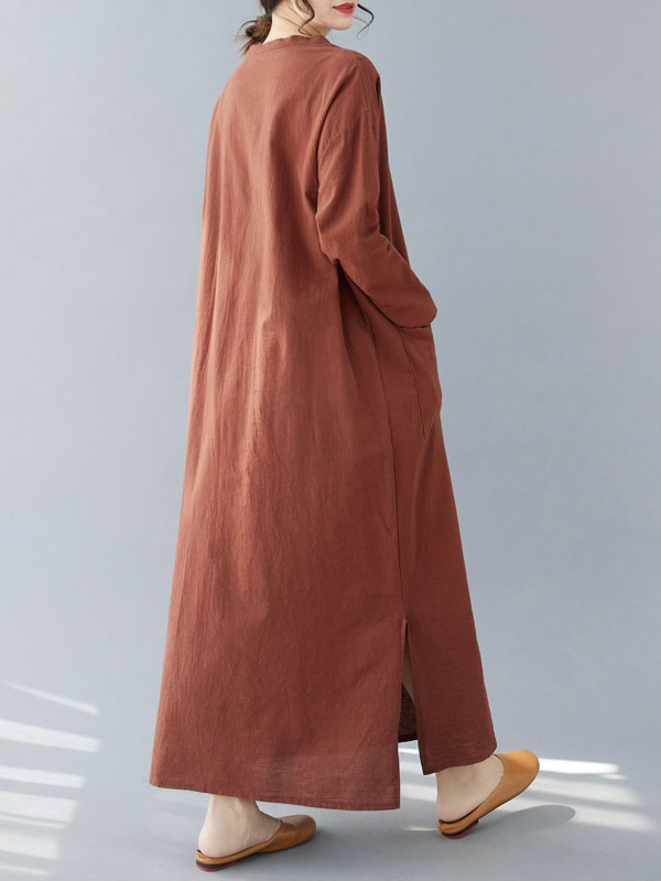 A-line Long Sleeves Pockets Color Split-side V-neck Maxi Dresses
