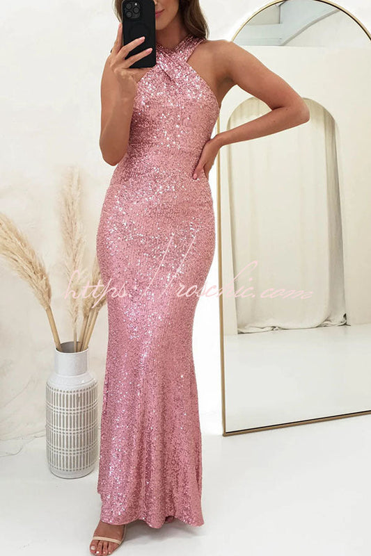 Time to Sparkle Sequin Cross Halter Neck Backless Maxi Dress