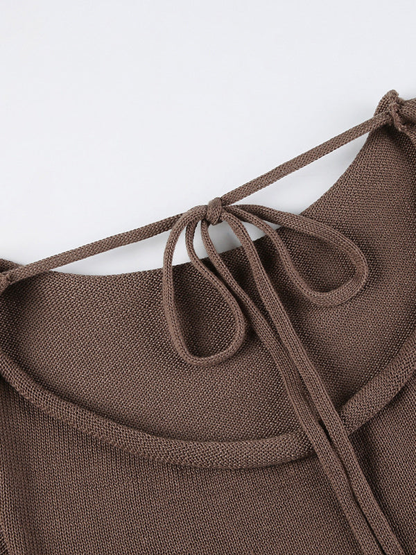 Brown Round-neck Back Cross Hollow Lace-up Long Bell Sleeve Sweater An1039