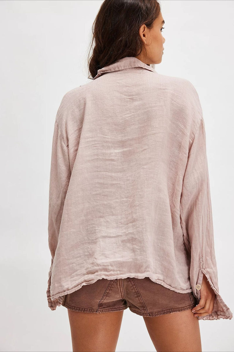 Linen Ruffled Long-sleeve Blouse