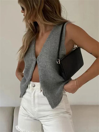 Female Hollow Out Knit Cardigan Sleeveless Baggy High Street Tank Top Summer V-neck Slim Vest Y2k Top