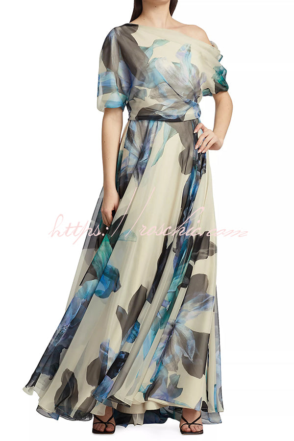 Unique Printed Short-sleeved One-shoulder Maxi Dress