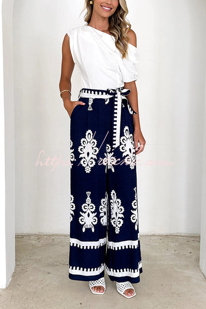 Unique Print Belted Pocket Wide Leg Pants