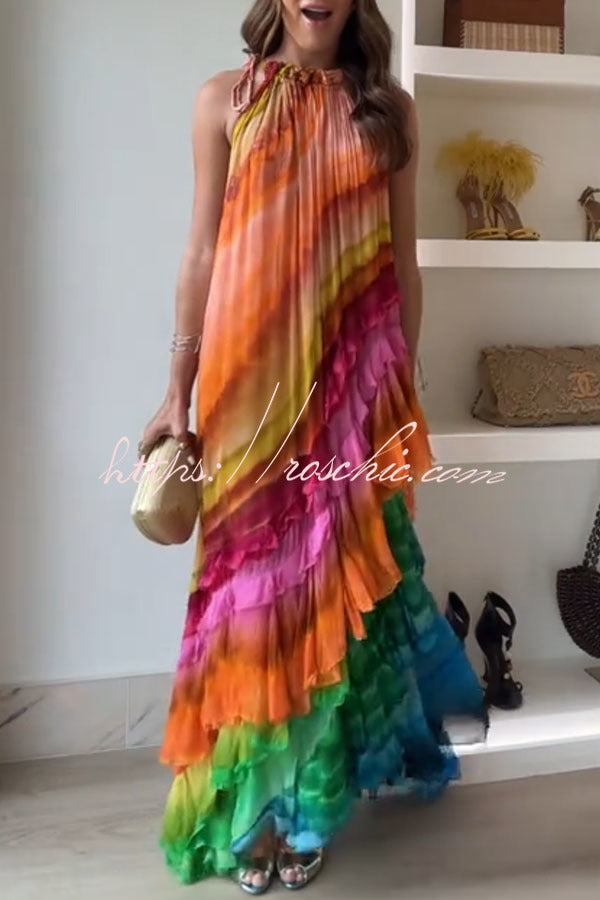Rosha Georgette Crepe Tie-dye Print Layered Ruffles A-line Maxi Dress
