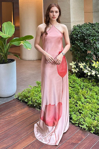 Print Halter Backless High Waist Maxi Dress