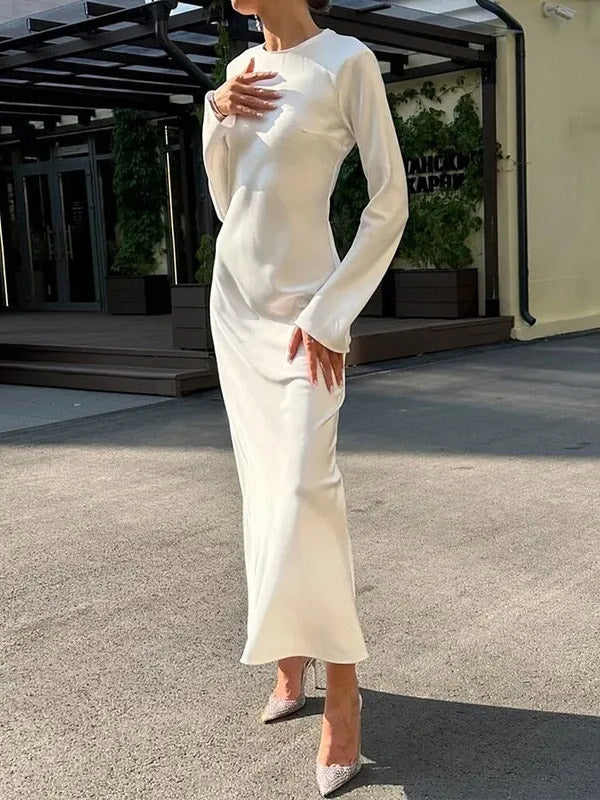 A-line High Waisted Color Round-neck Maxi Dresses