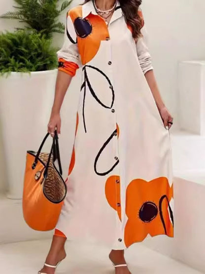 Long Sleeves Loose Printed Split-joint Lapel Maxi Dresses Shirt Dress