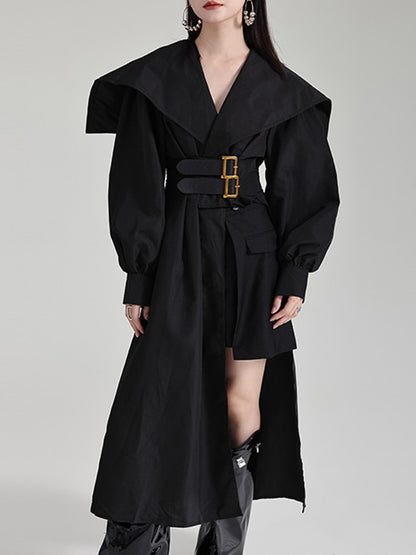 High Waisted Long Sleeves Asymmetric Belted Pleated Color Lapel Midi Dresses