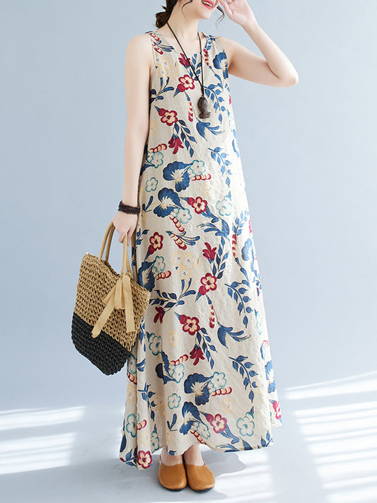 Loose Sleeveless Printed Round-neck Maxi Dresses