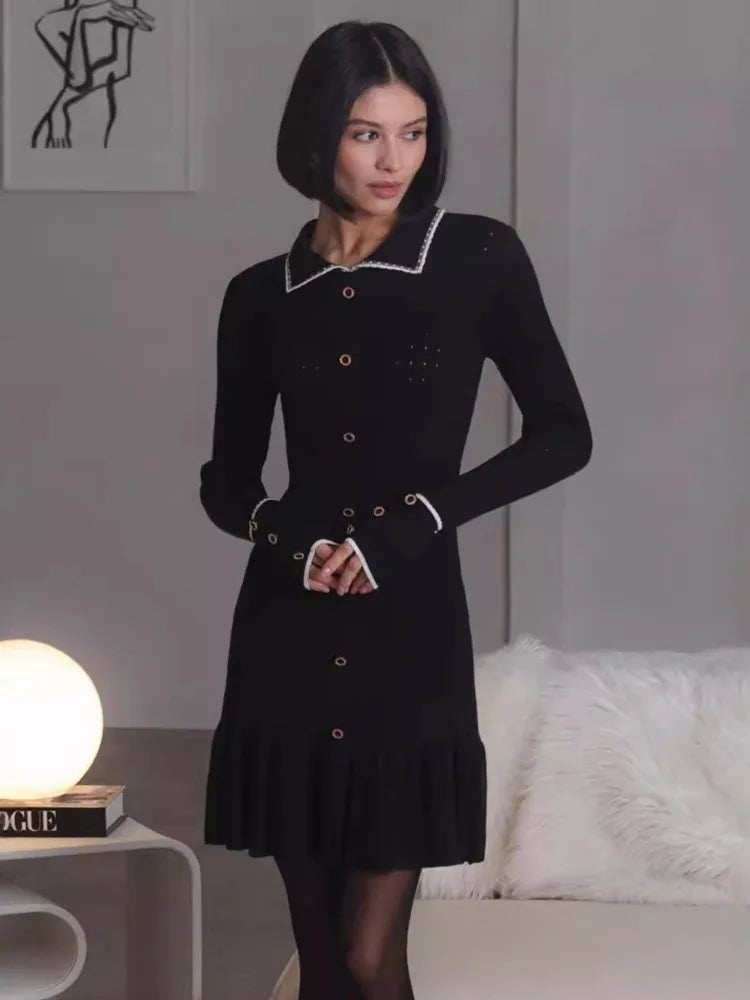 Autumn Long Sleeve Knit Dress for Lapel Single-btrasted Button High Waist Ruffled Mini Dress Knitwear