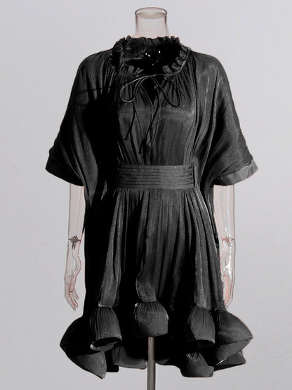 High-low Loose Pleated Split-joint Stand Collar Mini Dresses